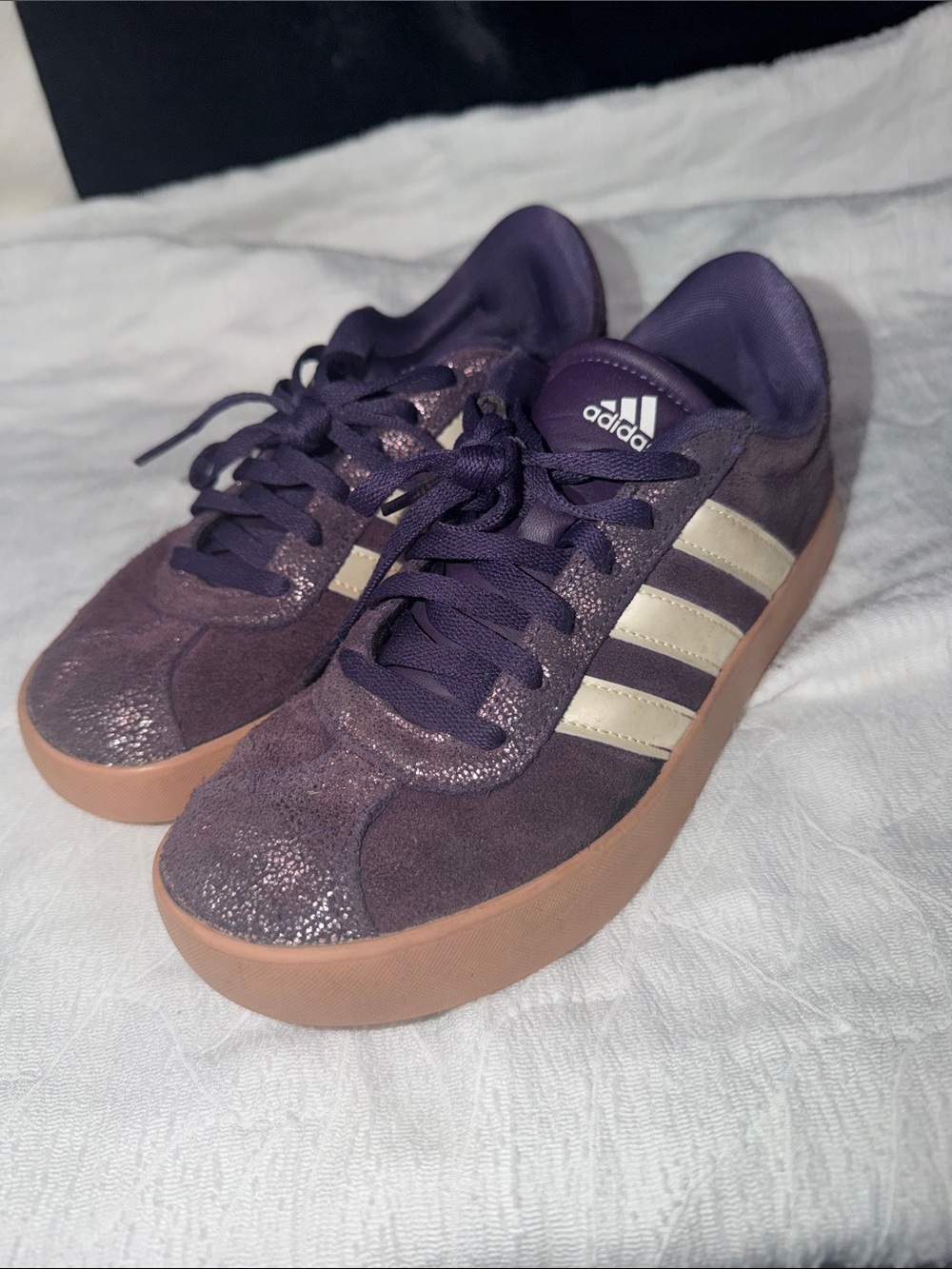 adidas Purple Suede Platform Sneakers with Cream Stripes